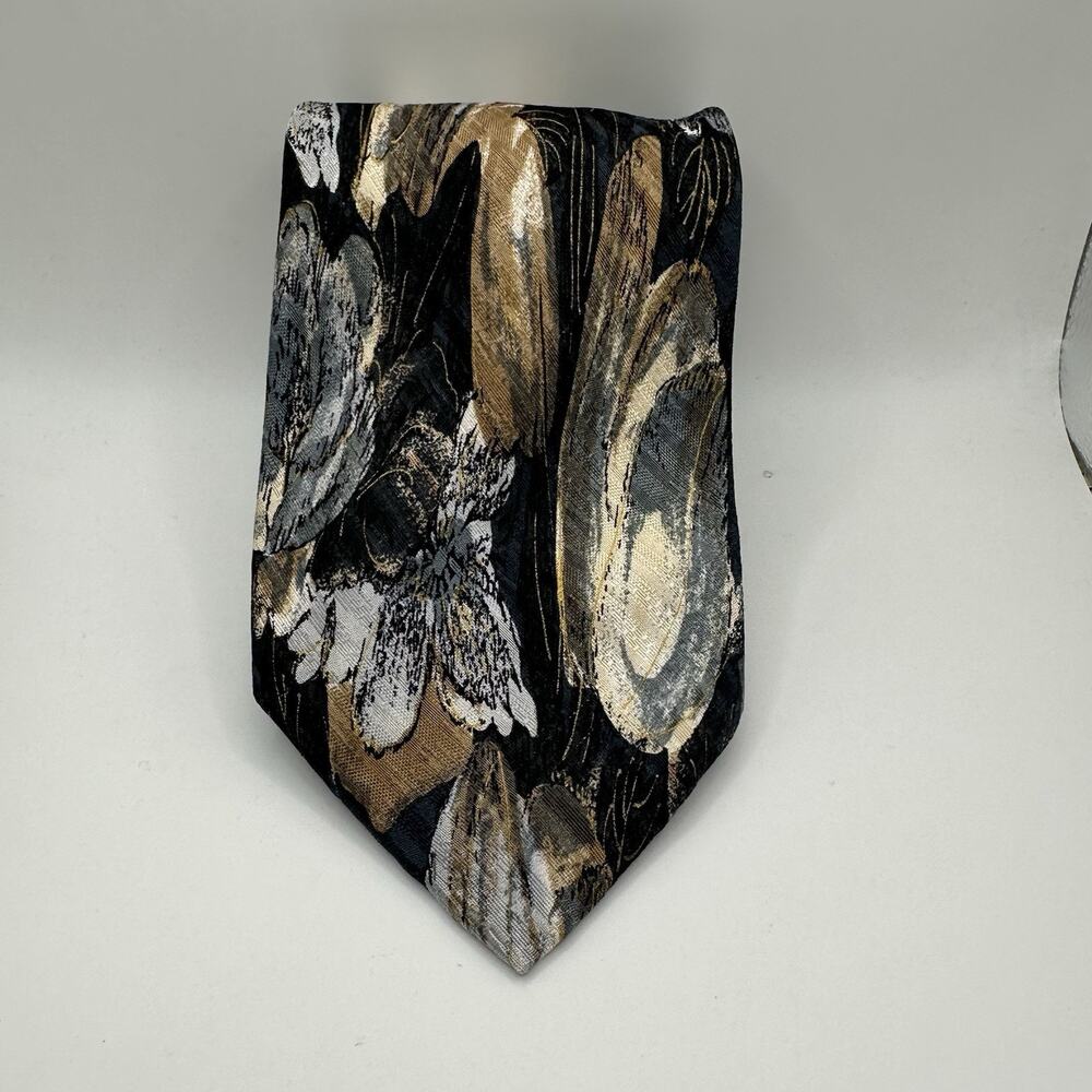 Bachrach Made In Italy Silk Tie Abstract Floral Black Gray Gold Wide Necktie 60”
